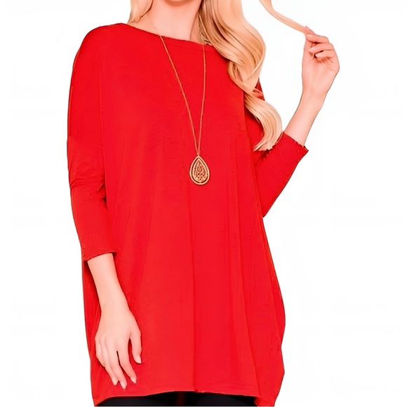 Acting Pro Tops - ACTING PRO Piko Style Red Quarter Sleeve Dolman Oversized Loose Fit Tunic Top